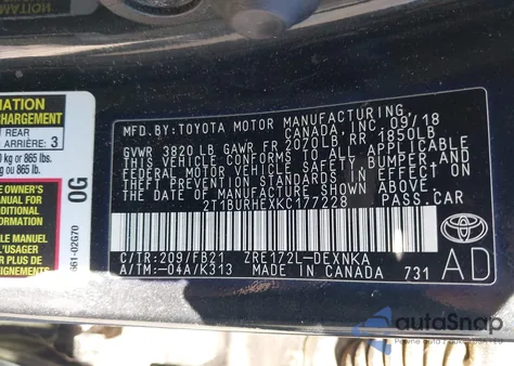 2019 Toyota Corolla Le из США, поврежденный, VIN 2T1BURHEXKC177228